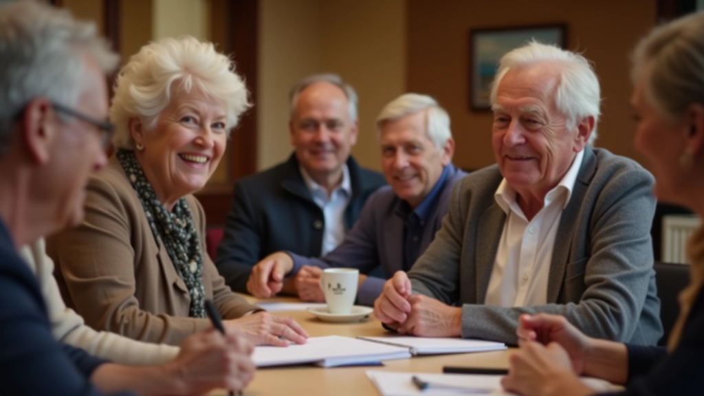 Group of mature adults in workshop setting, smiling and engaged in conversation, sitting at tables with notebooks visible