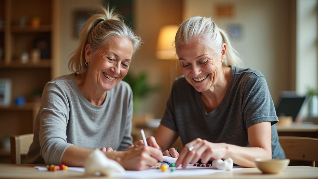 Group of people of various ages gathered around a table doing creative craft activity together, warm community center lighting