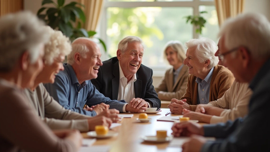 Group of older adults laughing together in community center setting with warm lighting
