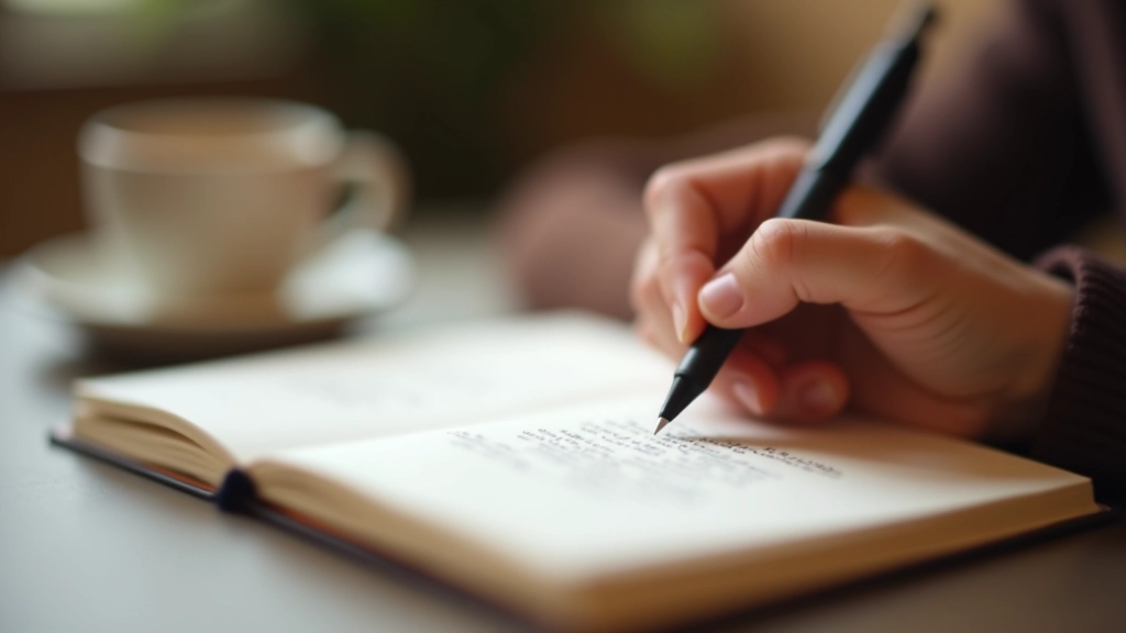 Person writing reflective notes in journal, close-up of hands and pen on open notebook page with handwriting visible