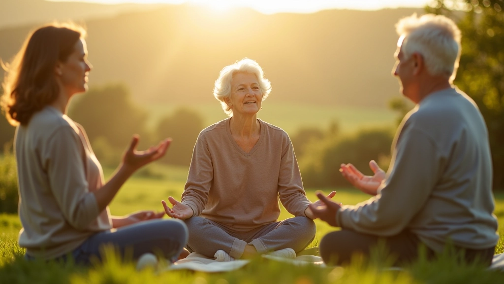 Group of mature adults practicing mindfulness outdoors in natural Irish landscape