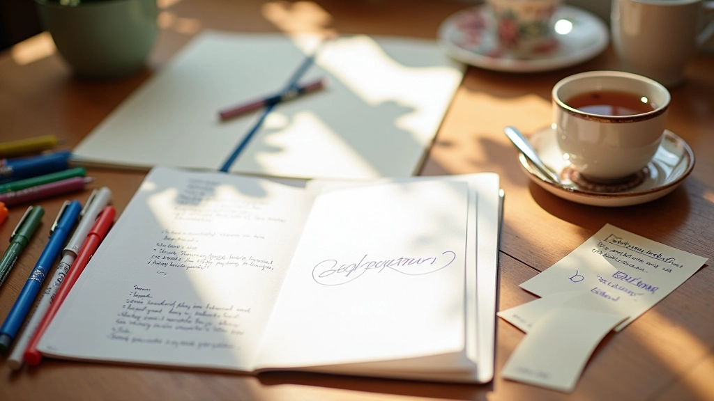 Overhead view of workshop materials: colored pens, journals, index cards with written reflections scattered on wooden table