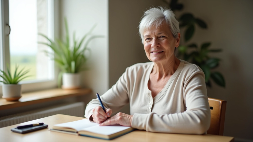 Mature person writing in journal at wooden desk with natural window light and plants
