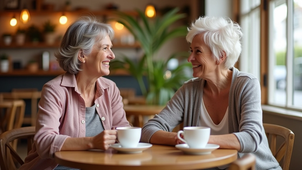 Two women having coffee and conversation in bright cafe setting, warm natural lighting, candid moment