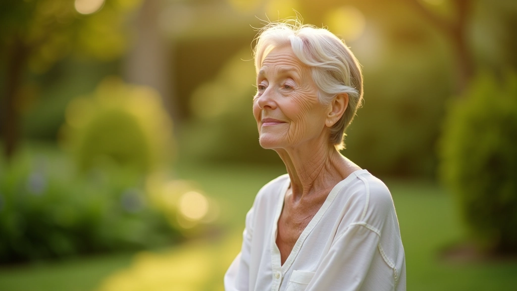 Woman in comfortable clothing practicing mindfulness meditation outdoors in natural garden setting
